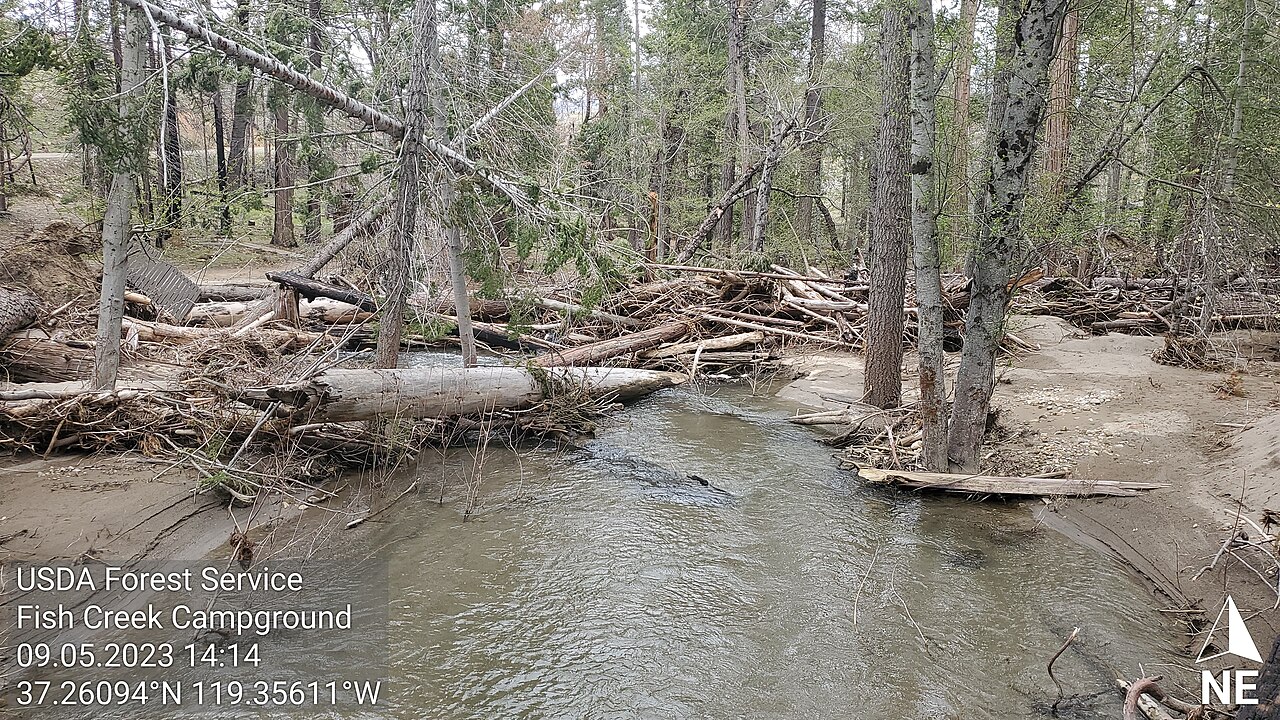 High water flows moved woody debris and sediment, to damage Fish Creek Campground on the Sierra National Forest. (USDA Forest Service photo by Kellen Takenaka)