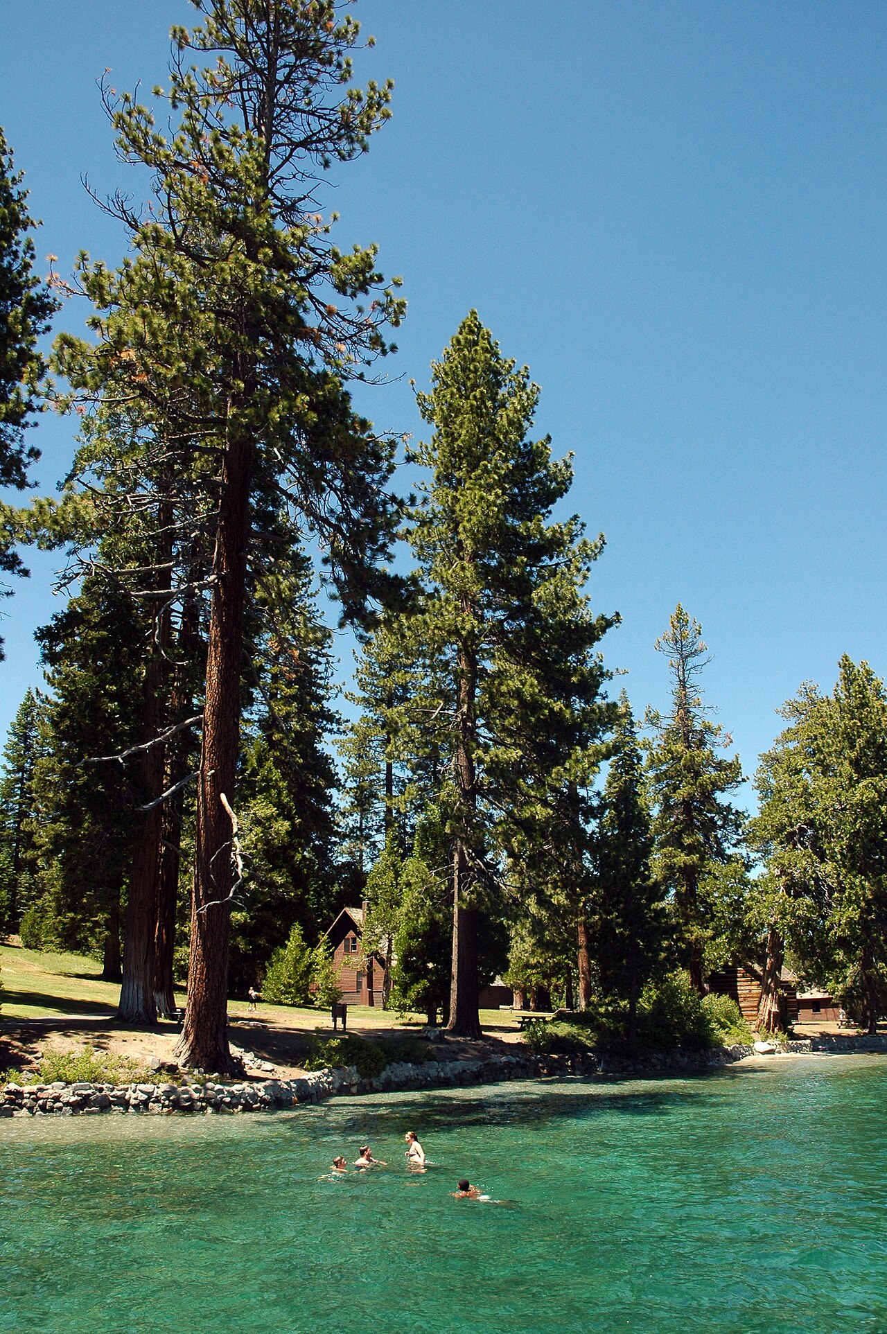 People swimming in Lake Tahoe, at the Sugar Pine Point State Park in California. In the back are (from left to right) the Caretaker's House (or Park Office), General Phipp's Cabin, and the North Boat House.