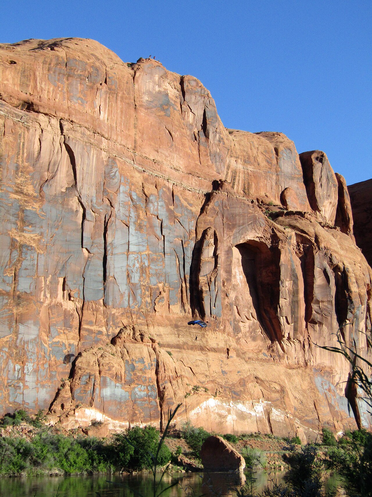 View of a rock formation across from the Colorado River at the Kane Creek Campground.