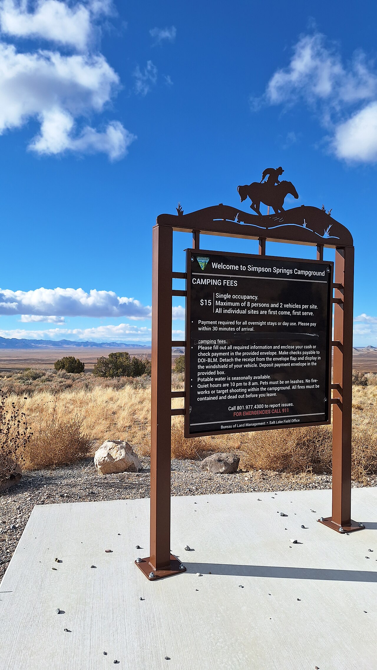 A new sign posts the rules and fees of the Simpson Springs campground. Photo by Cindy Gallo, BLM Utah
