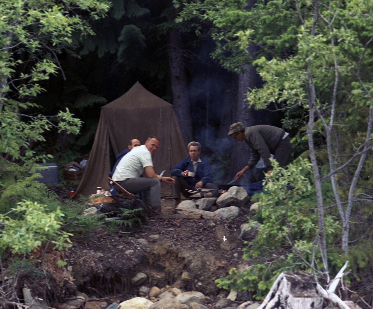 Camping on Ross Lake on the opening day of fishing season, Washington State, U.S., 1971.