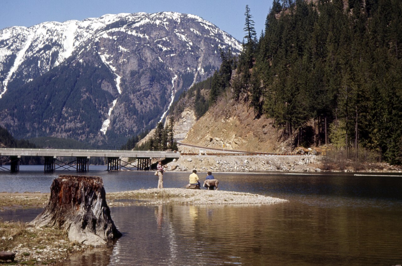 People fishing at North Cascades campground, circa 1972. This is about 2 miles west of Ross Lake.