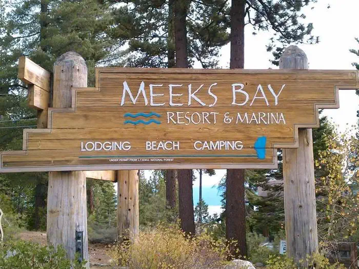 Entry sign for the Meeks Bay Resort.