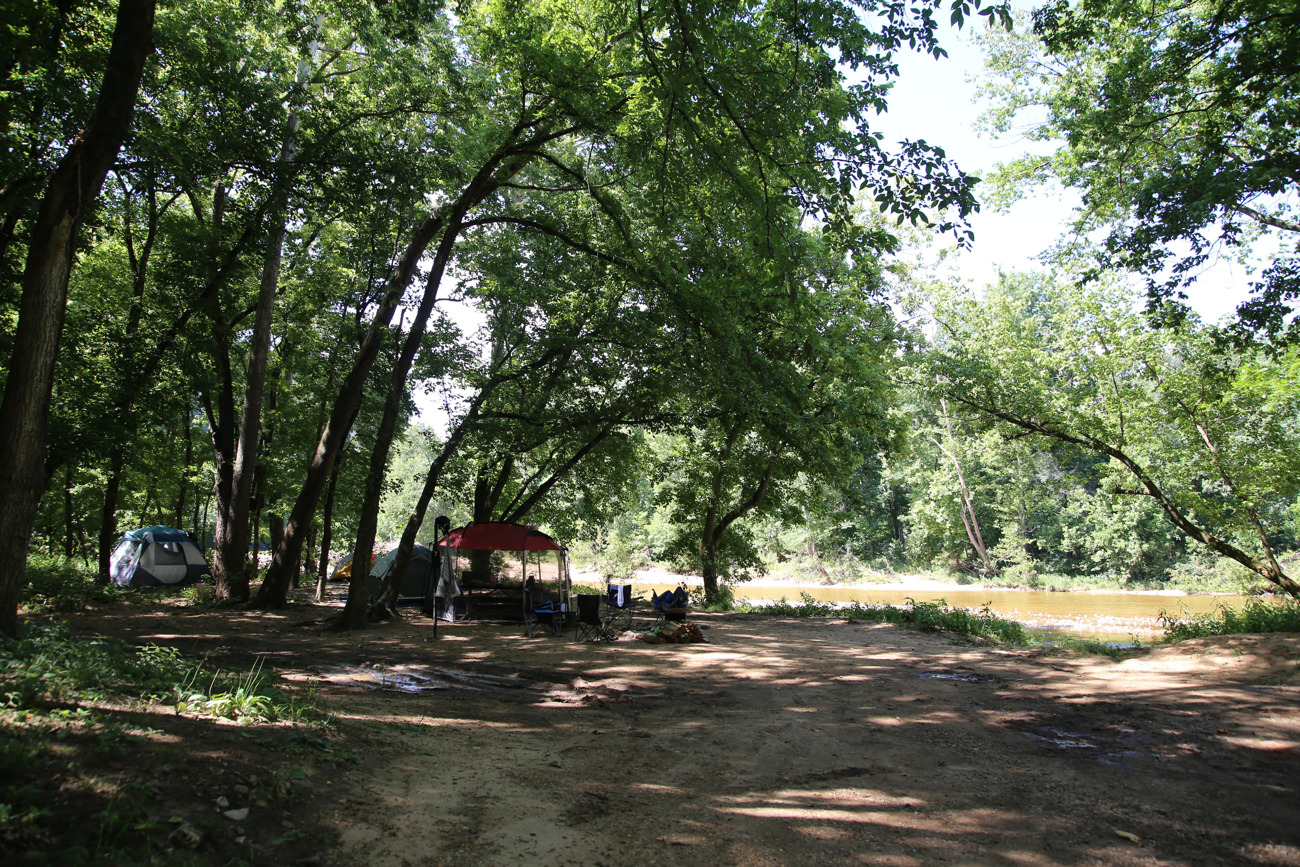 A shaded campsite right next to the water's edge.