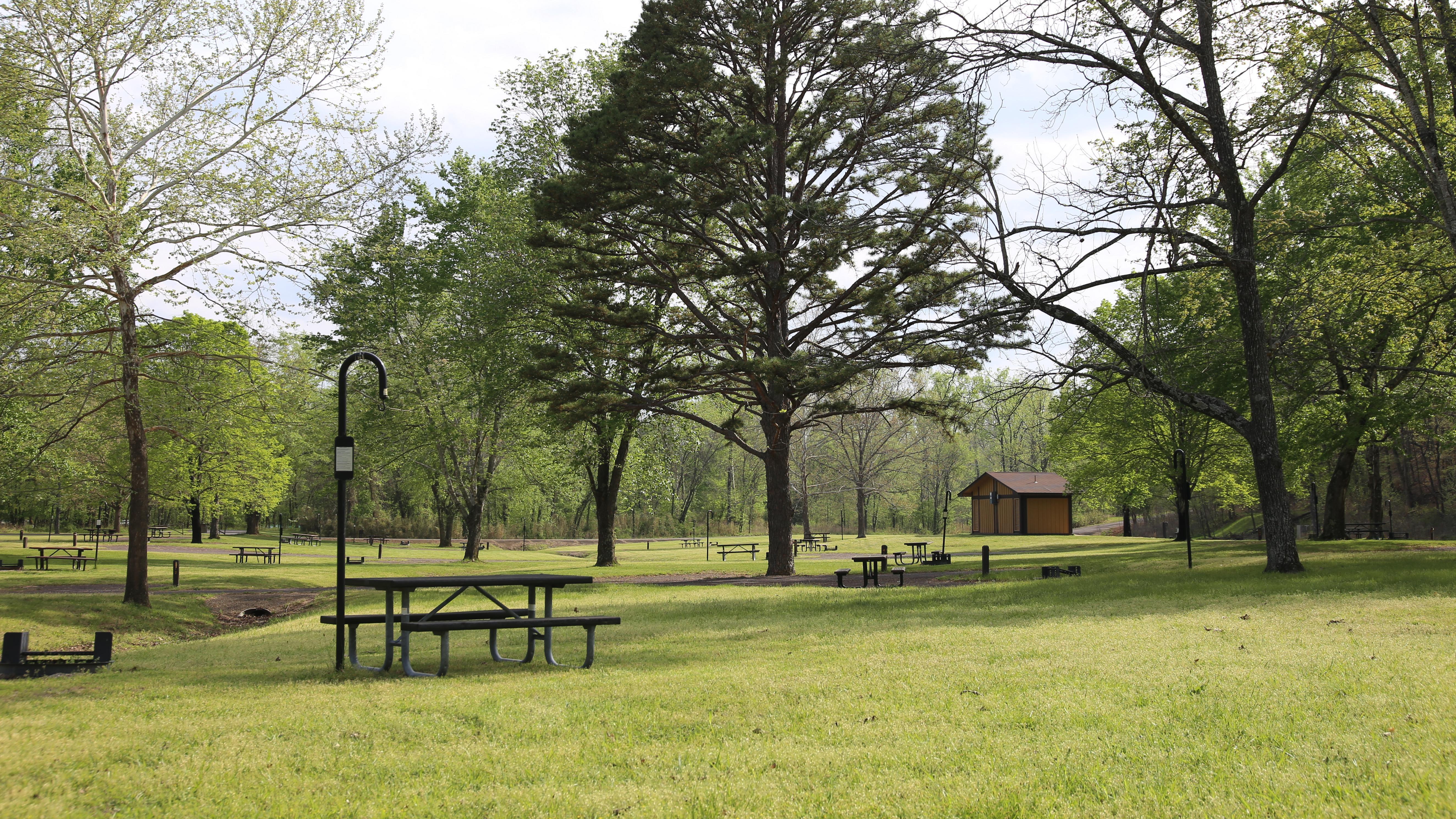 A freshly-mown campground with picnic tables, lantern posts, and a restroom.
