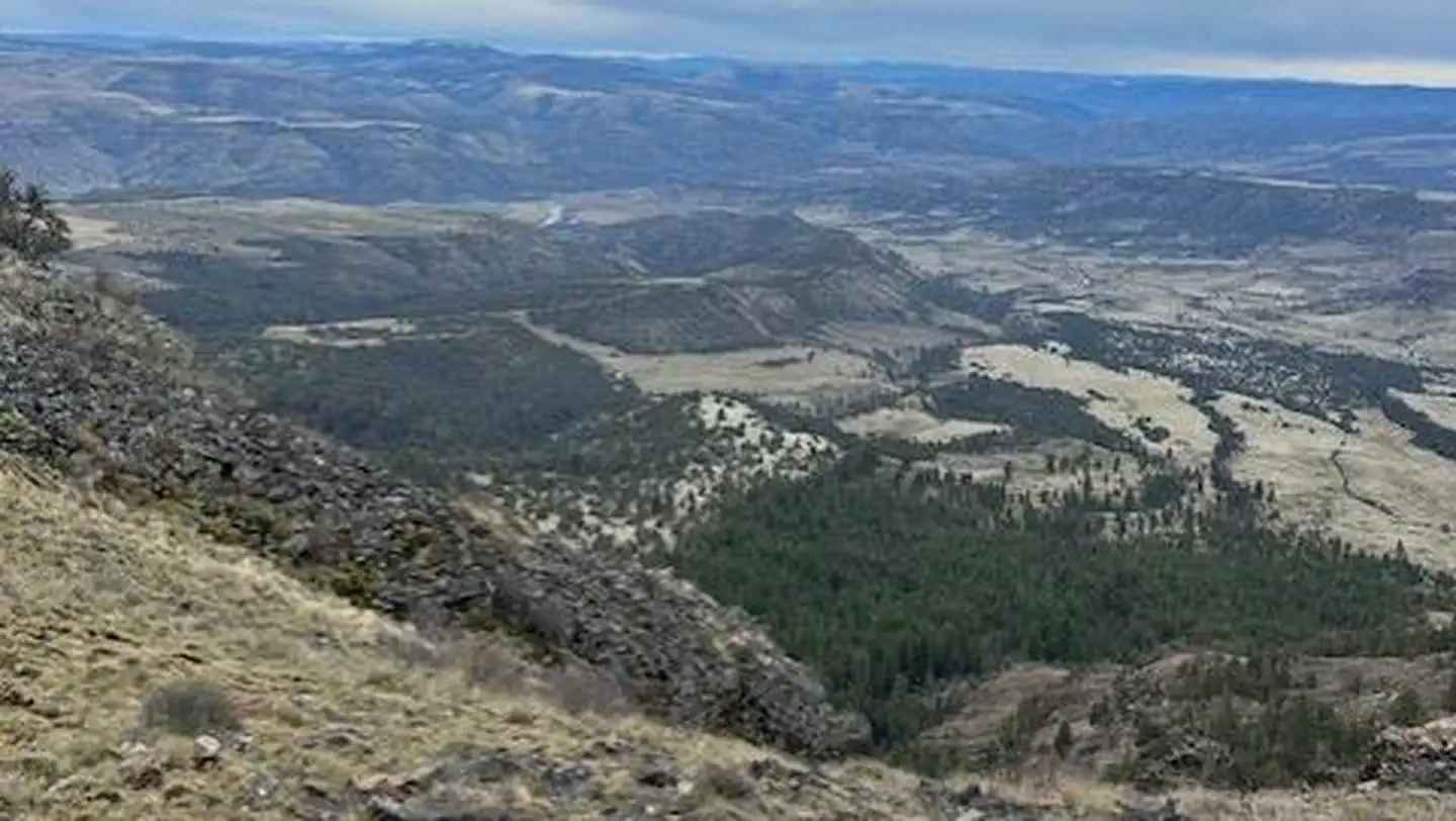 Looking down on green grass and forest covered ridge lines from a rocky high point.