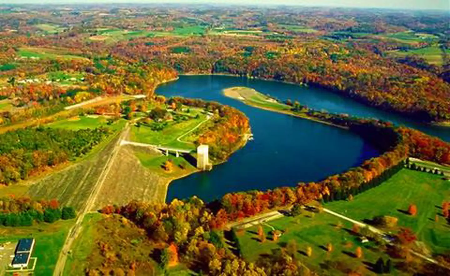 aerial view of lake with fall colors