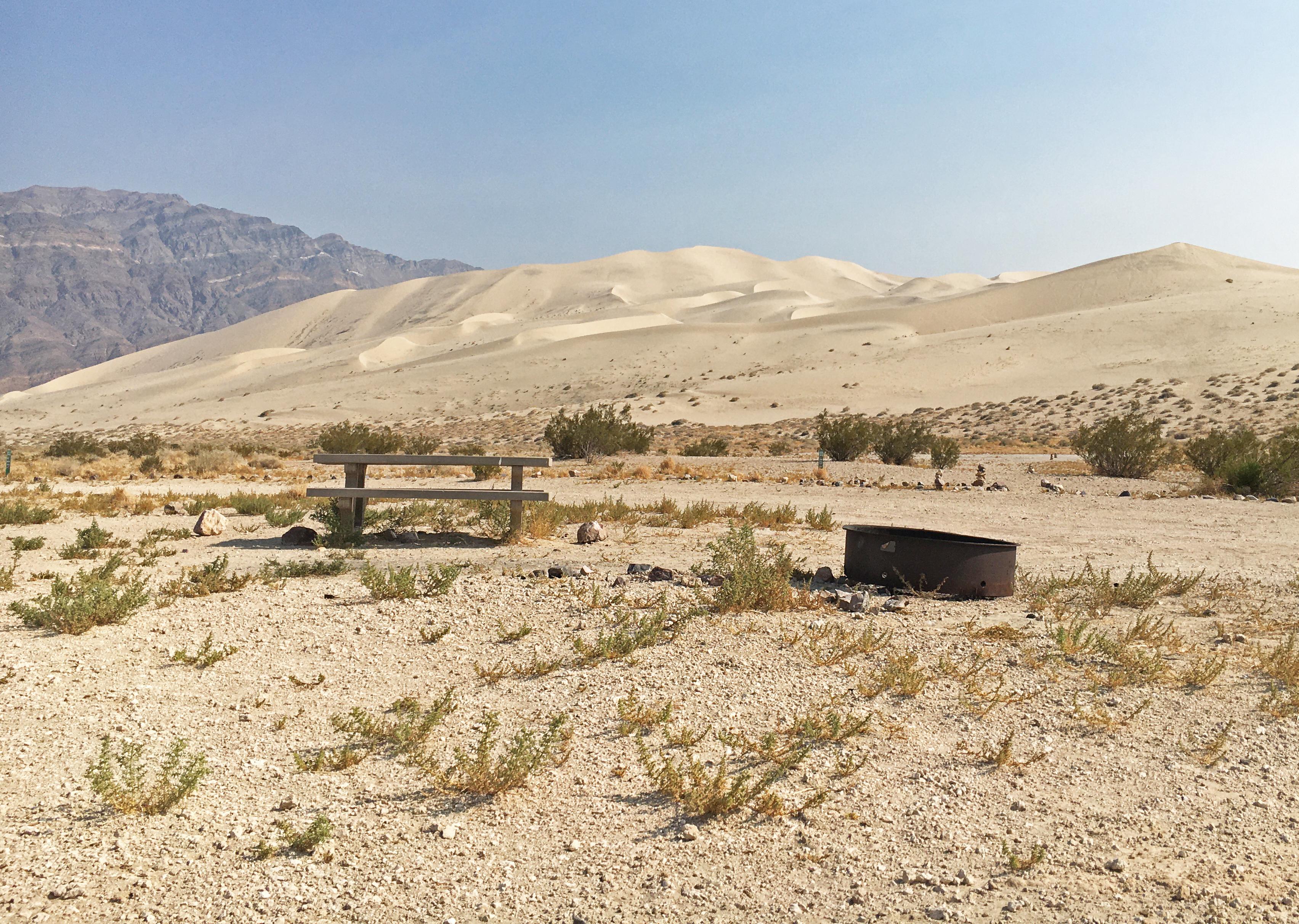 Desert campsite with picnic table, metal fire ring, view of tall sand dunes in the background