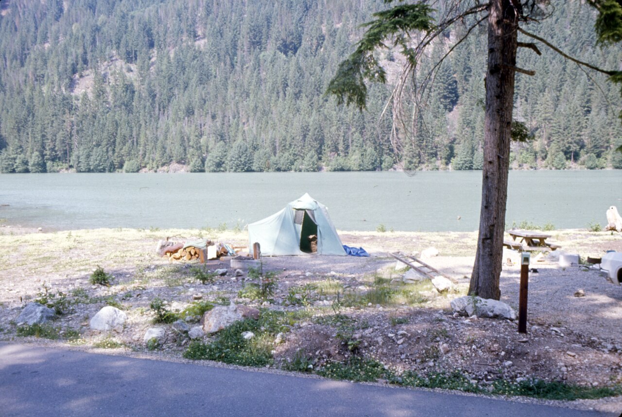 Hozomeen campground on Ross Lake in Washington (state), U.S., circa 1972.
