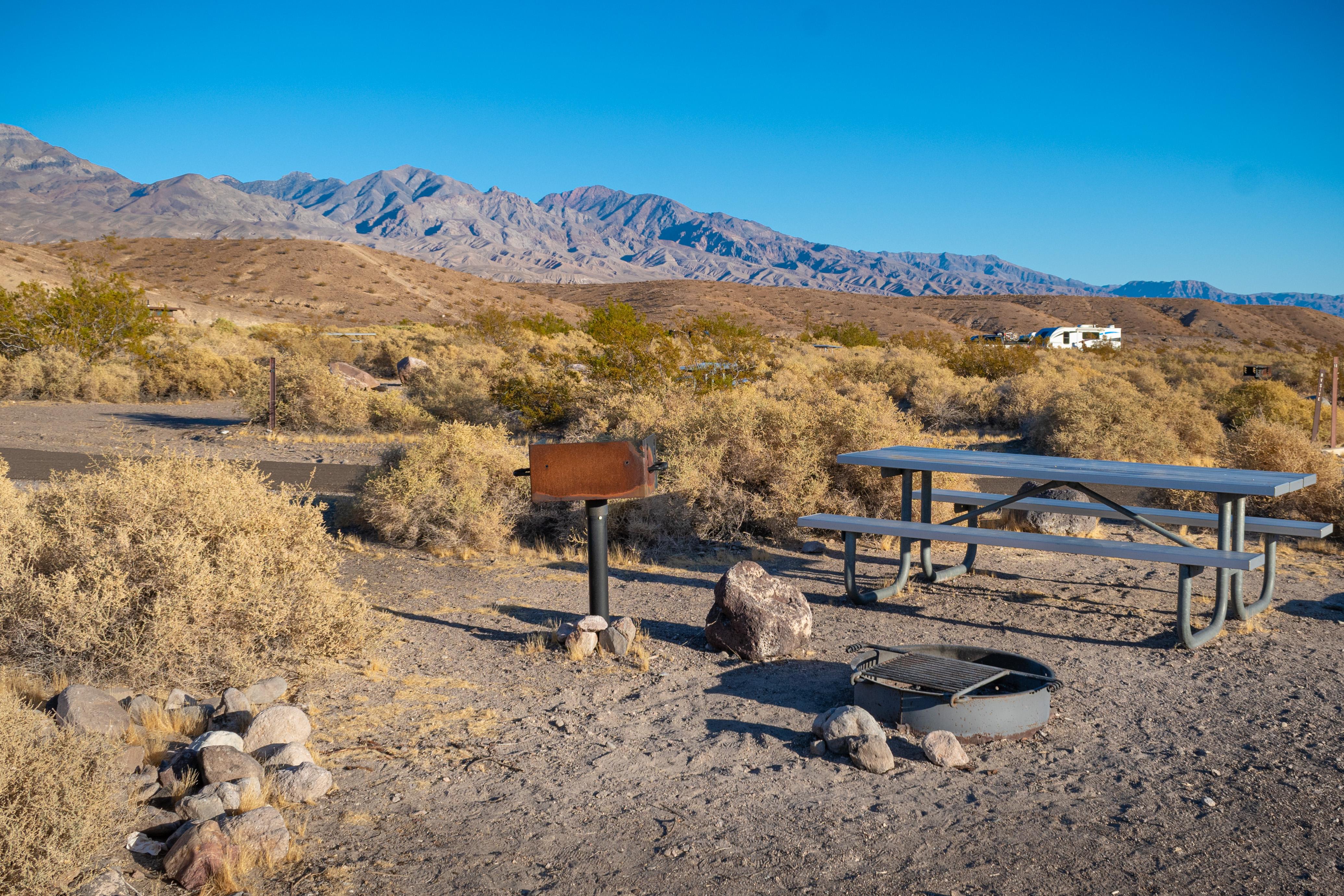 Row of small bushes separate road from site. BBQ, fire pit & table close together on dirt ground.