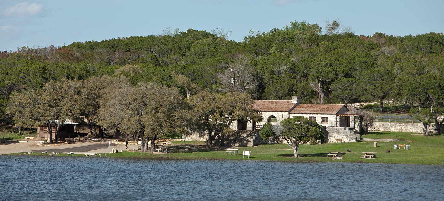 view of CCC historic structures from the lake